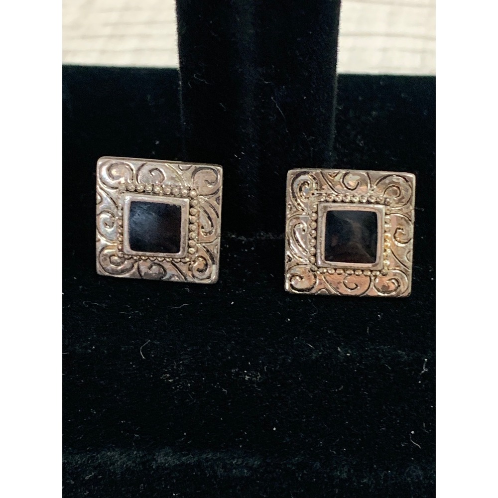 Napier Vintage Silver Tone Black Onyx Square Screw Back Earrings Scroll Detail